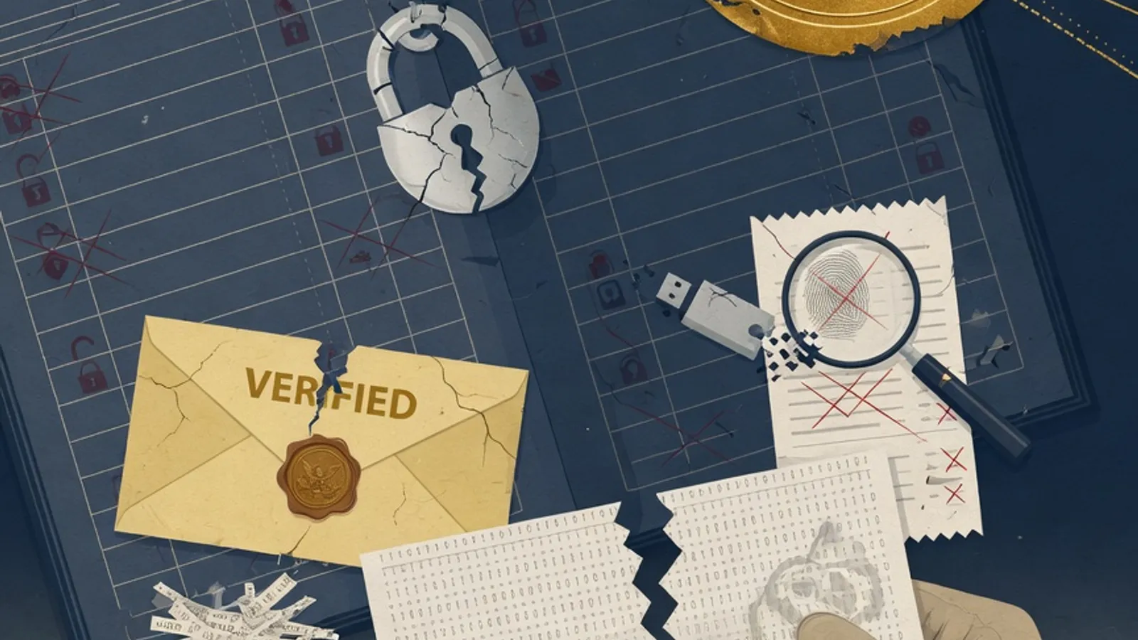 Symbolic arrangement of paper documents and gold seals in deep navy tones represents steps to safeguard against online financial fraud.