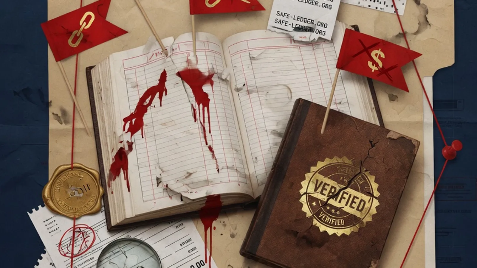 Symbolic composition in deep navy and paper tones with gold seal accents evokes red flags in a cyber investigation.